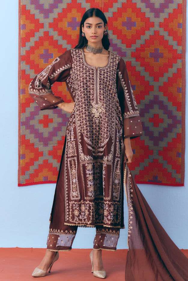 Brown Silk Chanderi Kurta Set with Single Thread & Zari Embroidery