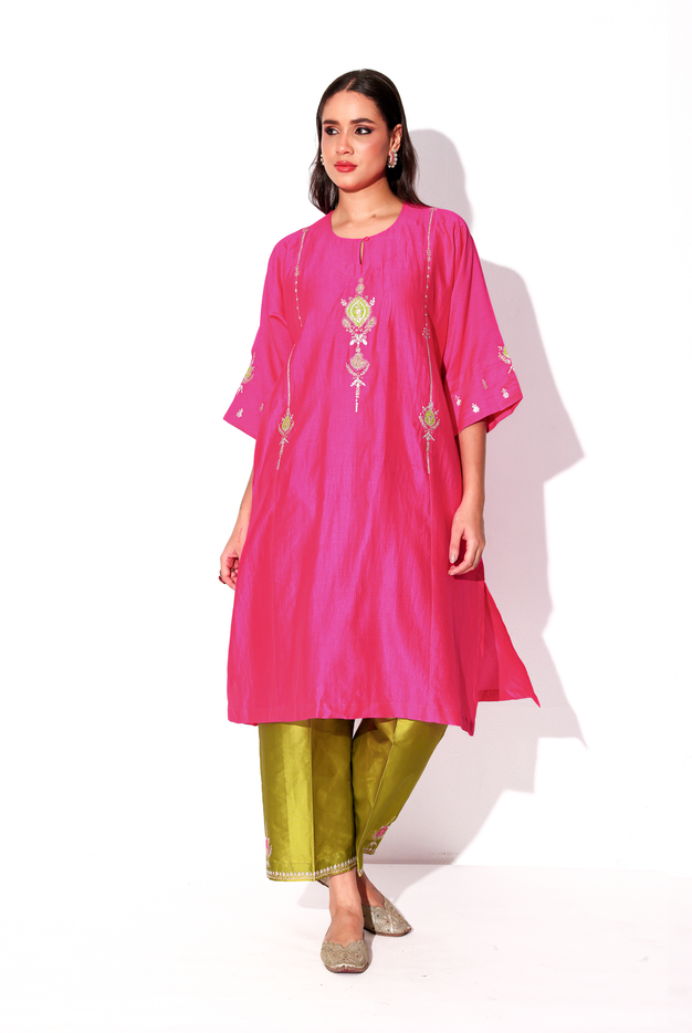 Fuchsia & Parrot Green Chiniya Silk Antifit Kurta Set