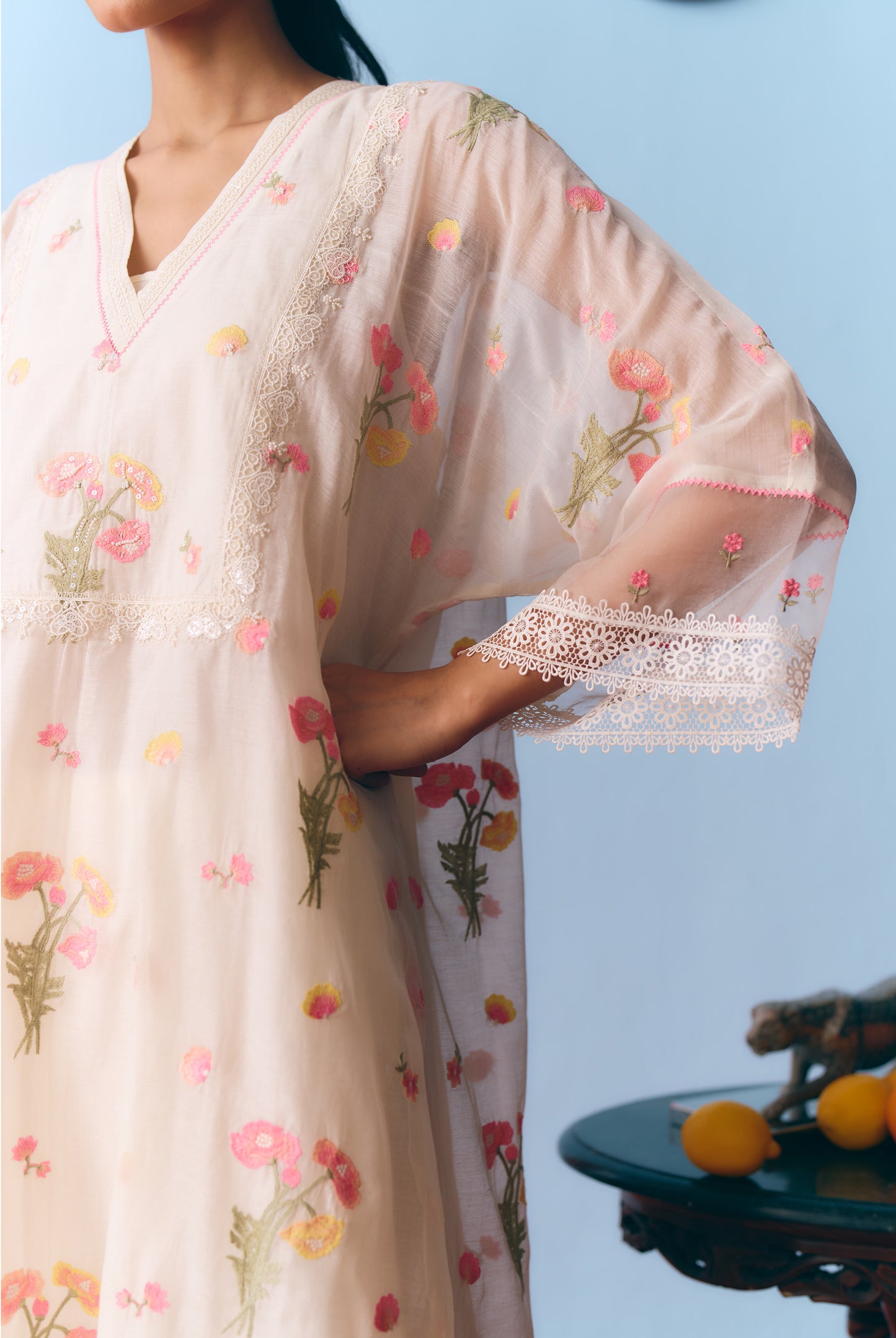White Chanderi Antifit Co-ord with Thread, Lace & Bead Embroidery