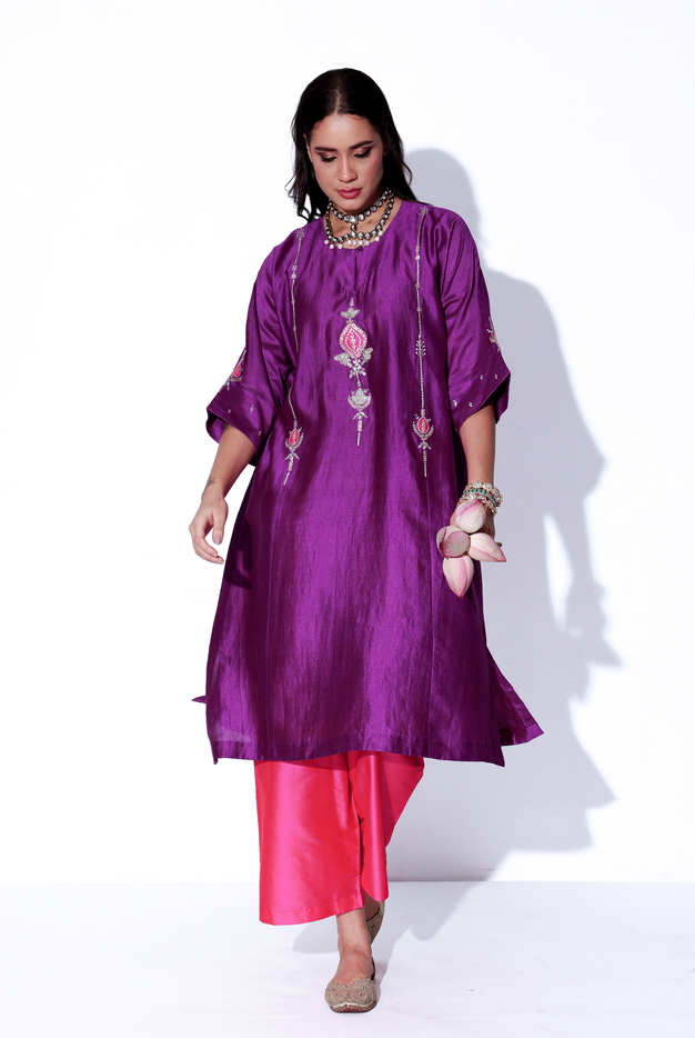 Violet & Fuchsia Chiniya Silk Antifit Kurta Set