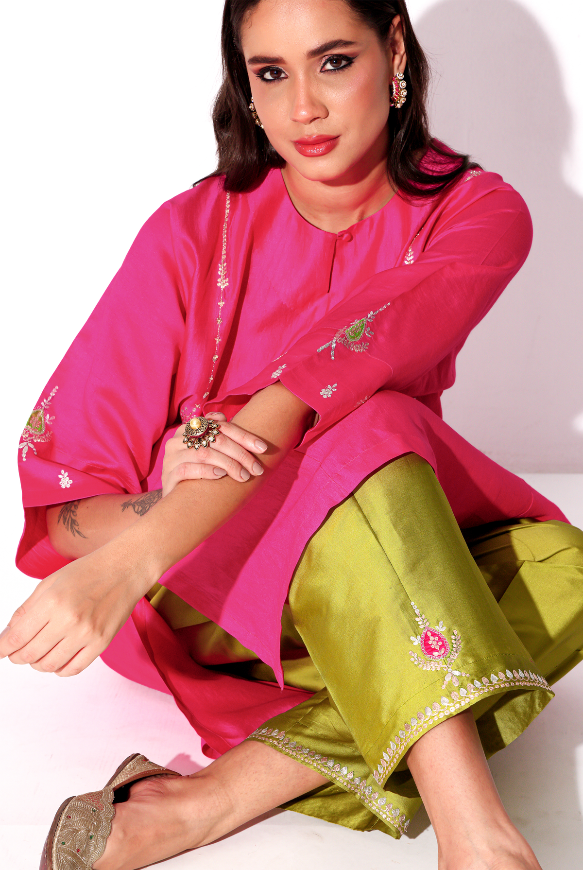 Fuchsia & Parrot Green Chiniya Silk Antifit Kurta Set