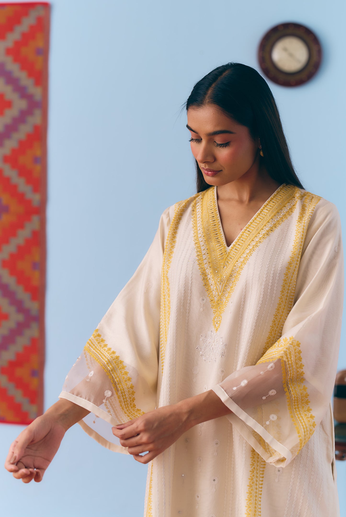 White & Lime Silk Chanderi Kurta Set with Thread Embroidery