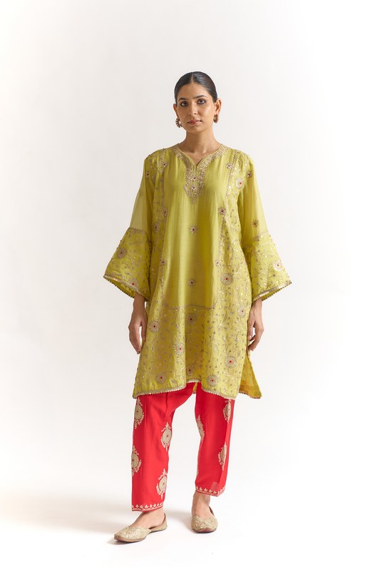 Lemon Green & Coral Mul Chanderi Kurta Set with Dori & Dabka Embroidery