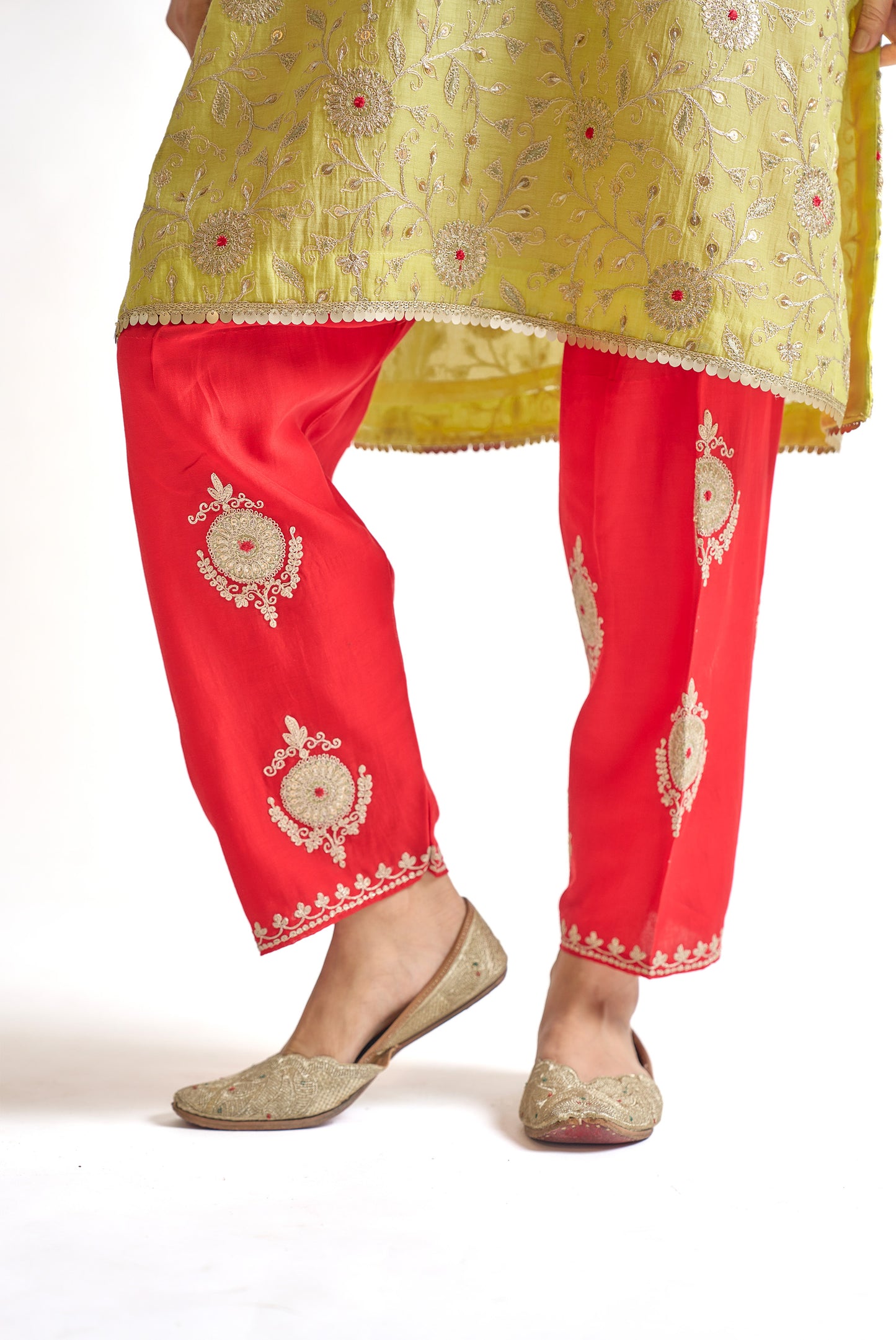 Lemon Green & Coral Mul Chanderi Kurta Set with Dori & Dabka Embroidery