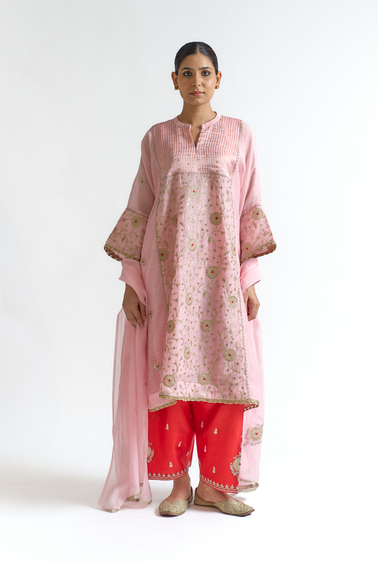 Blush & Coral Mul Chanderi Antifit Kurta Set with Dori & Thread Embroidery