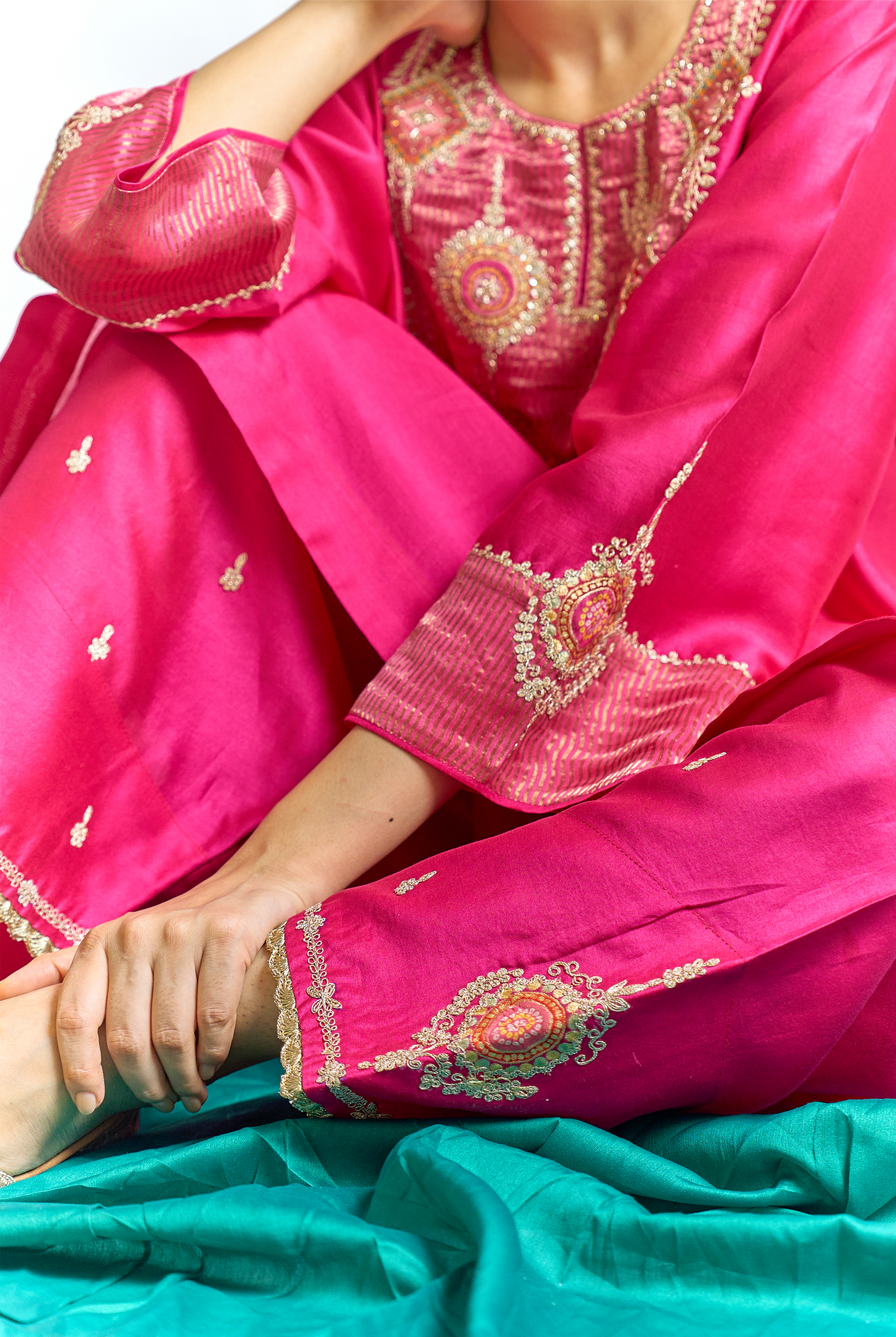 Magenta Silk Chanderi Antifit Kurta Set with Banarasi Yoke & Dori Embroidery