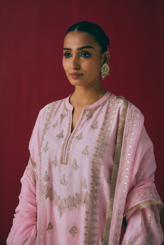 Blush Chanderi Kurta Set with Gota & Dori Embroidery