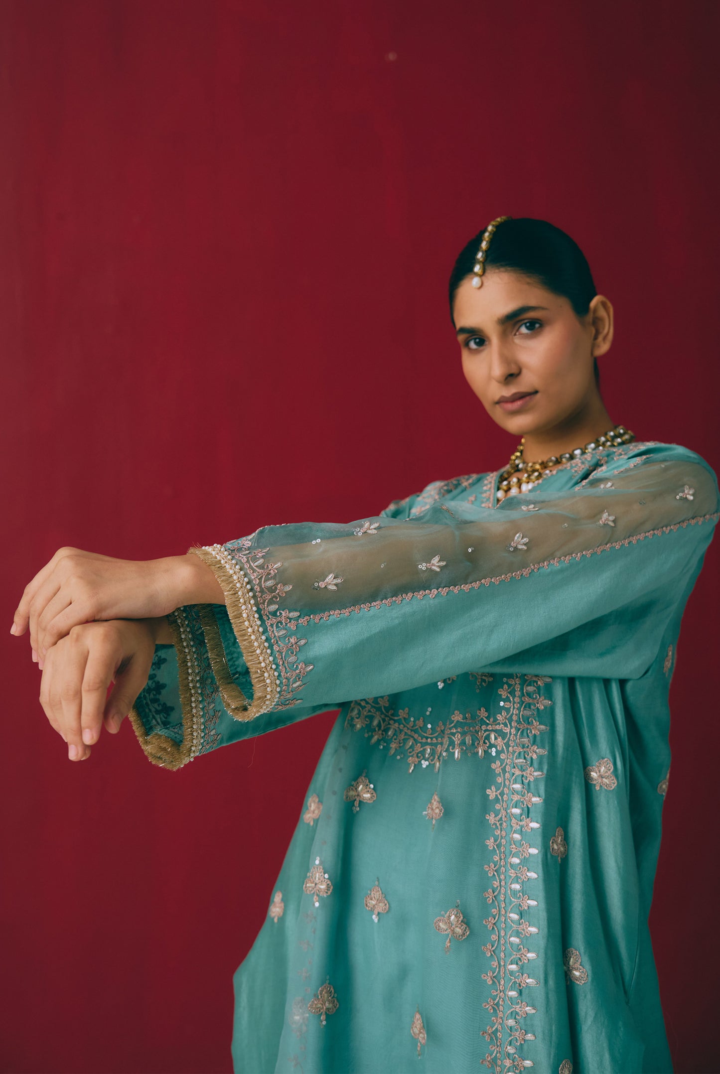 Teal Chanderi Kurta Set with Gota & Dori Embroidery