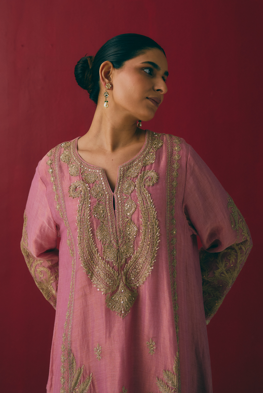 Dusty Rose Tissue Maheshwari Kurta Set with Dabka Embroidery