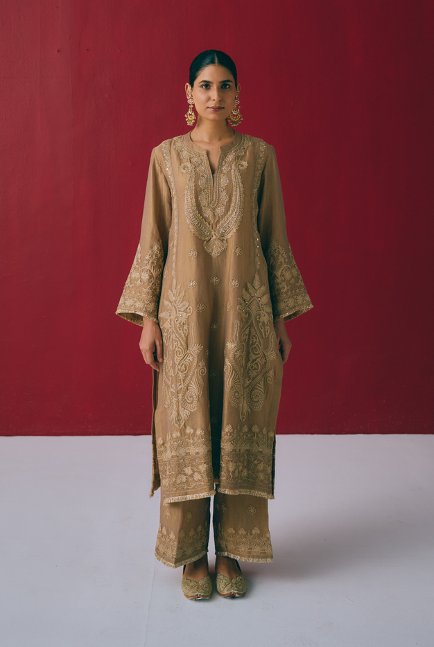 Hazelnut Tissue Chanderi Kurta Set with Dori & Dabka Embroidery