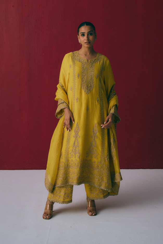 Turmeric Yellow Tissue Chanderi Kurta Set with Dori & Dabka Embroidery