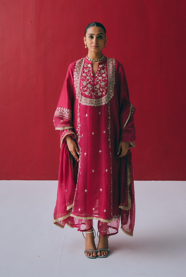 Berry Chanderi Kurta Set with Gota & Dori Embroidery