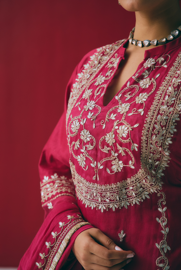 Berry Chanderi Kurta Set with Gota & Dori Embroidery