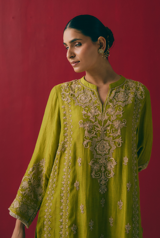 Fern Tissue Maheshwari Kurta Set with Dabka & Sitara Embroidery