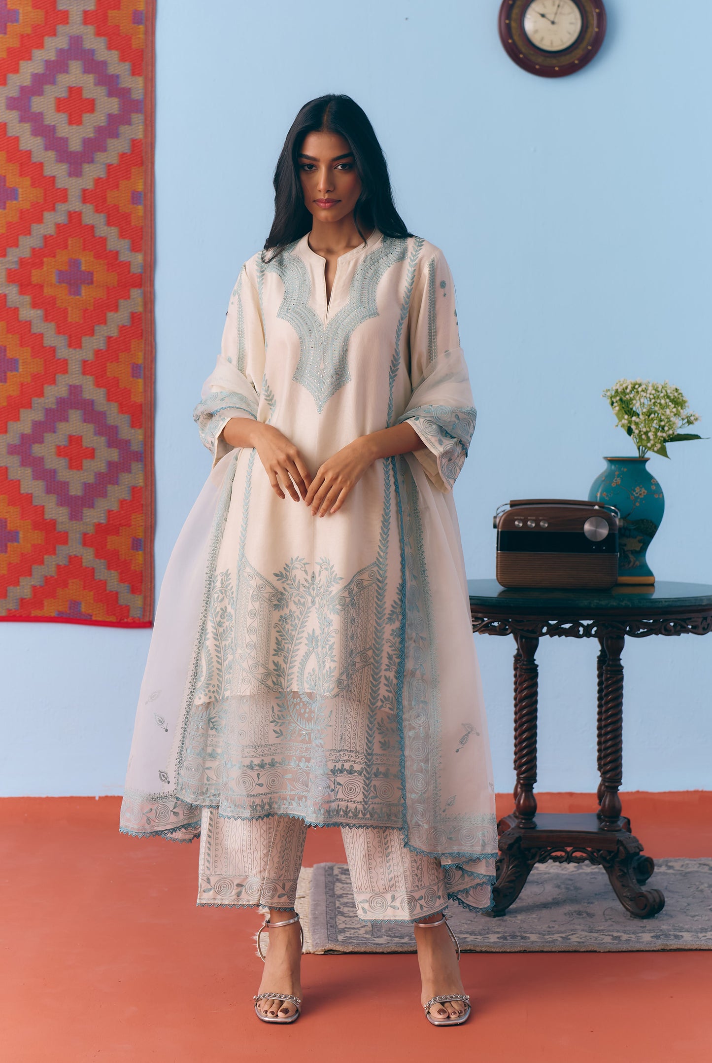 White & Light Blue Silk Chanderi Kurta Set with Thread Embroidery