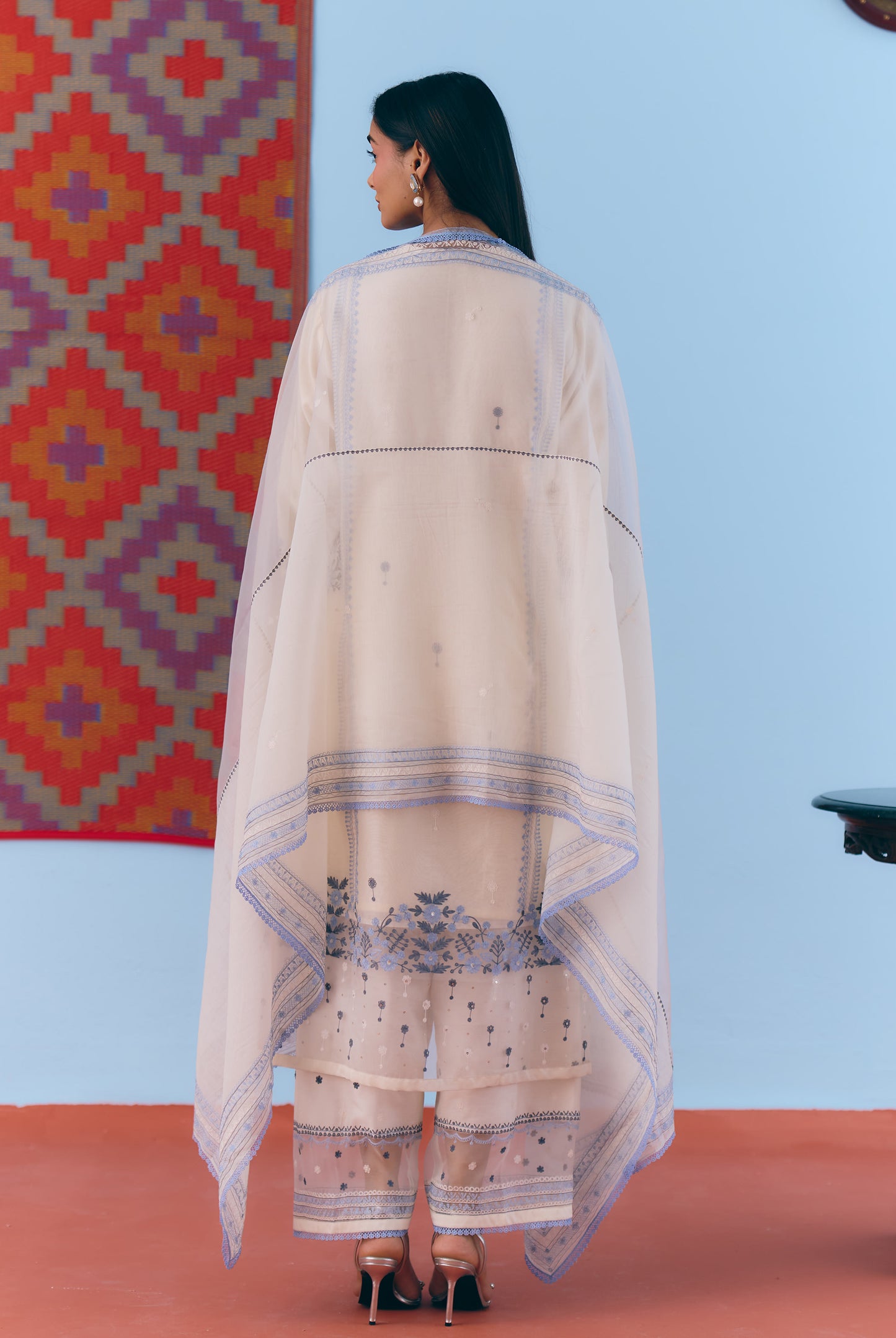 White Silk Chanderi Kurta Set with Blue Thread Embroidery
