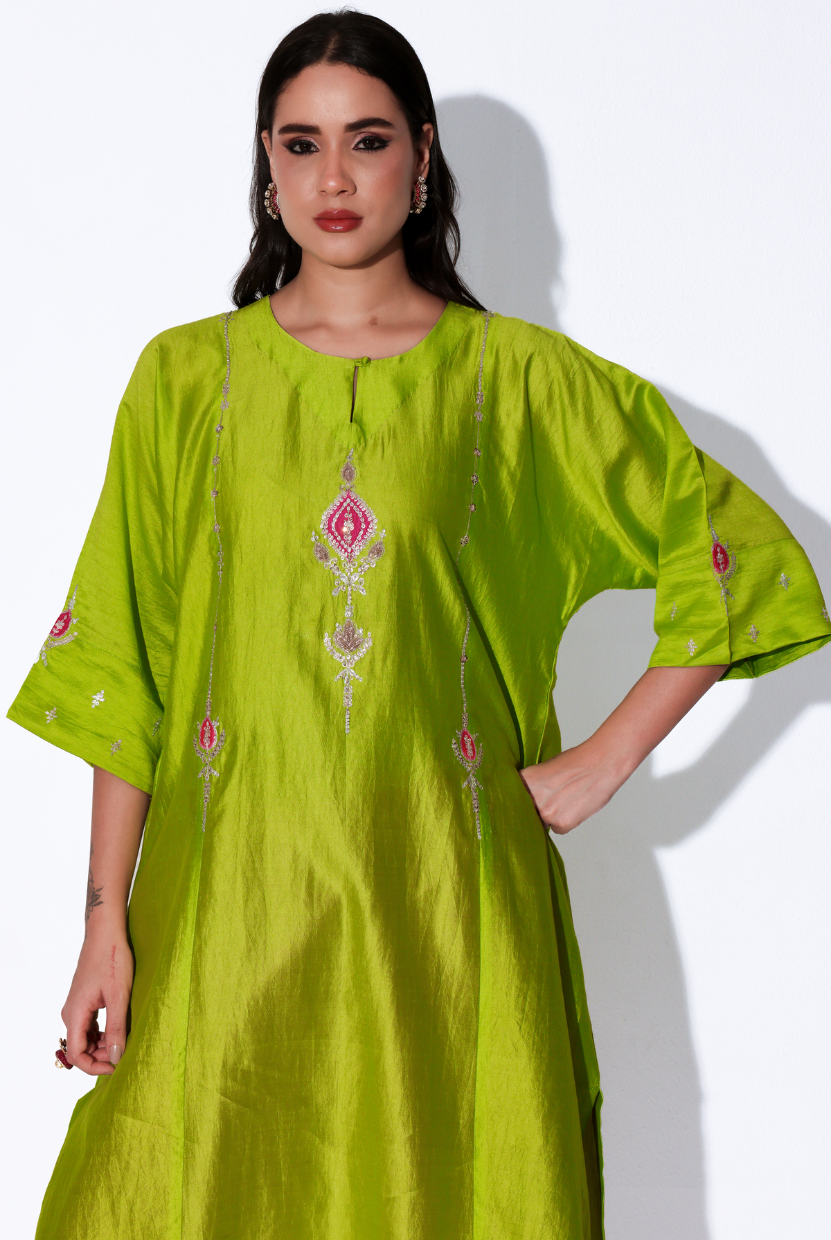 Parrot Green & Fuchsia Chiniya Silk Antifit Kurta Set