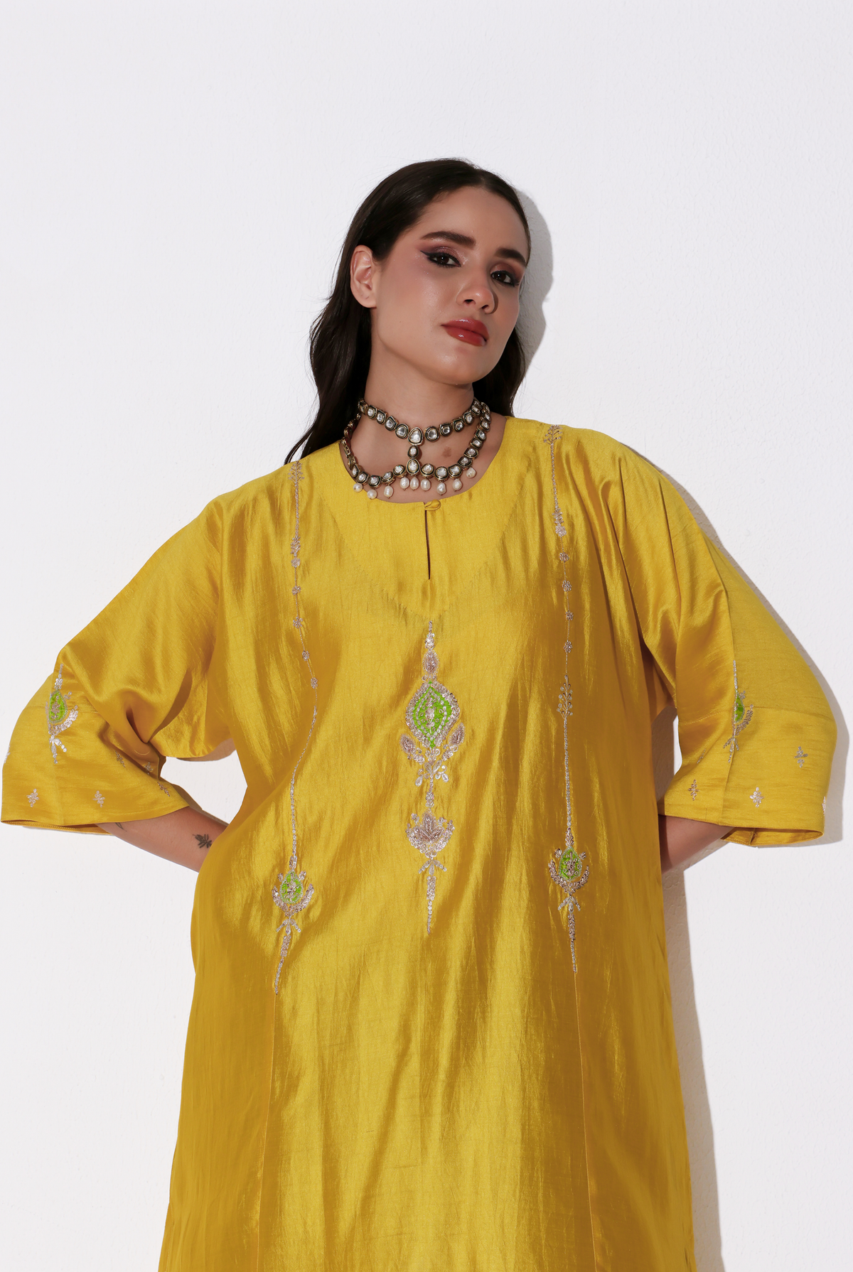 Yellow & Parrot Green Chiniya Silk Antifit Kurta Set