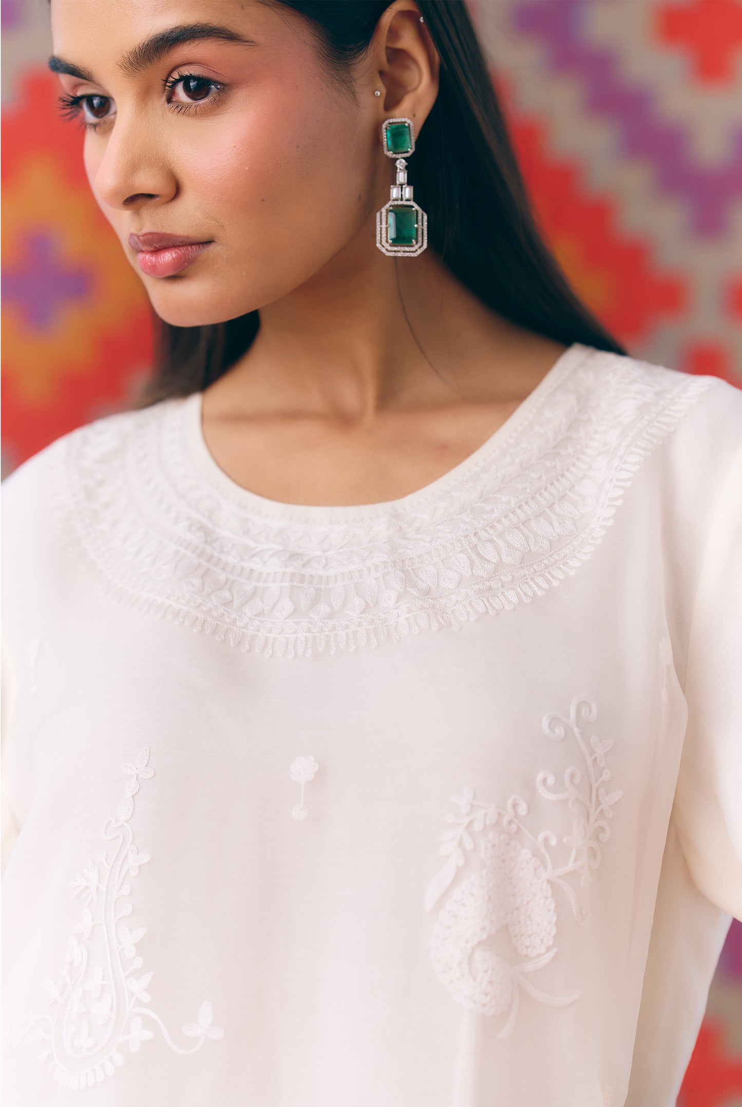 White Silk Organza Kurta Set with Thread Embroidery