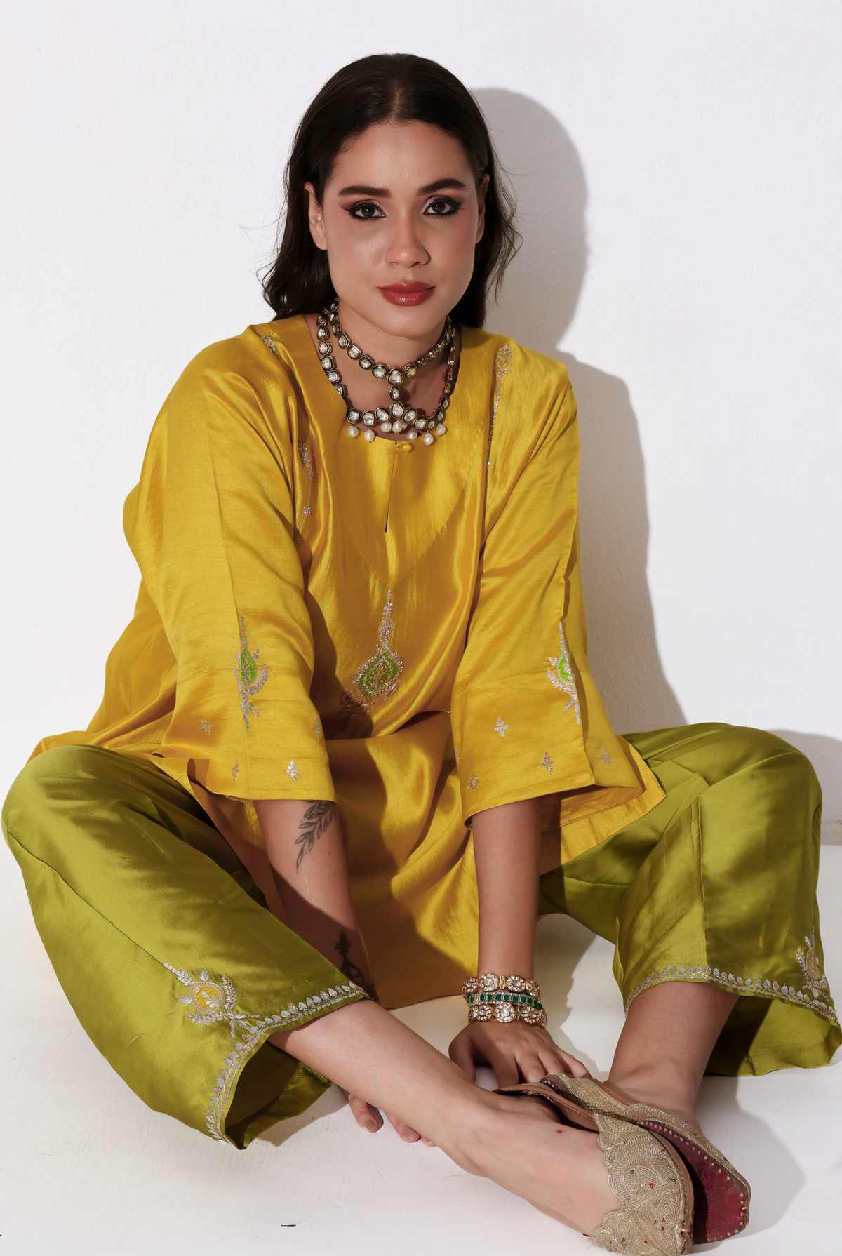 Yellow & Parrot Green Chiniya Silk Antifit Kurta Set