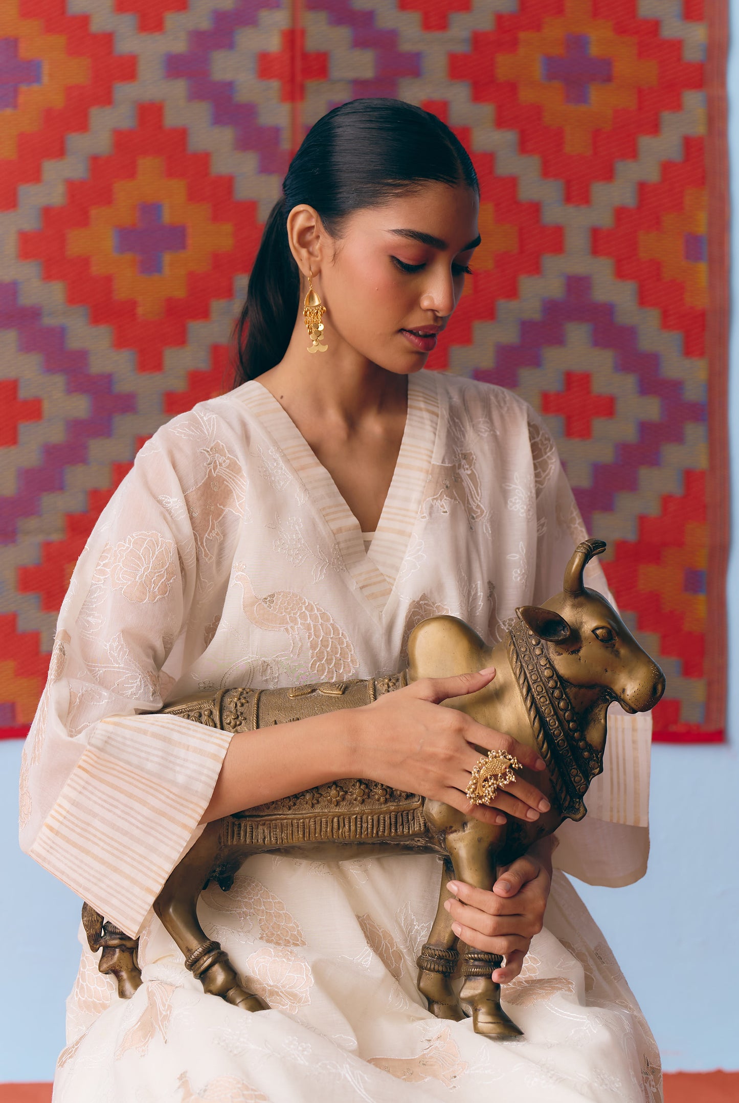 White Chanderi Antifit Co-ord with Dull Gold Tissue Appliqué