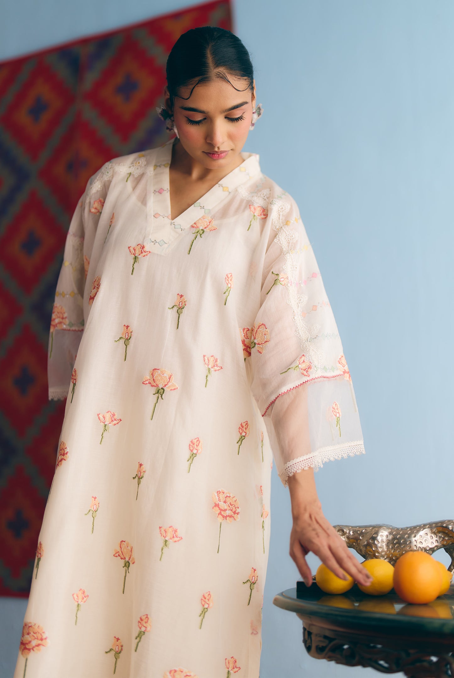 White Chanderi Antifit Co-ord with Pink Cross Stitch Embroider