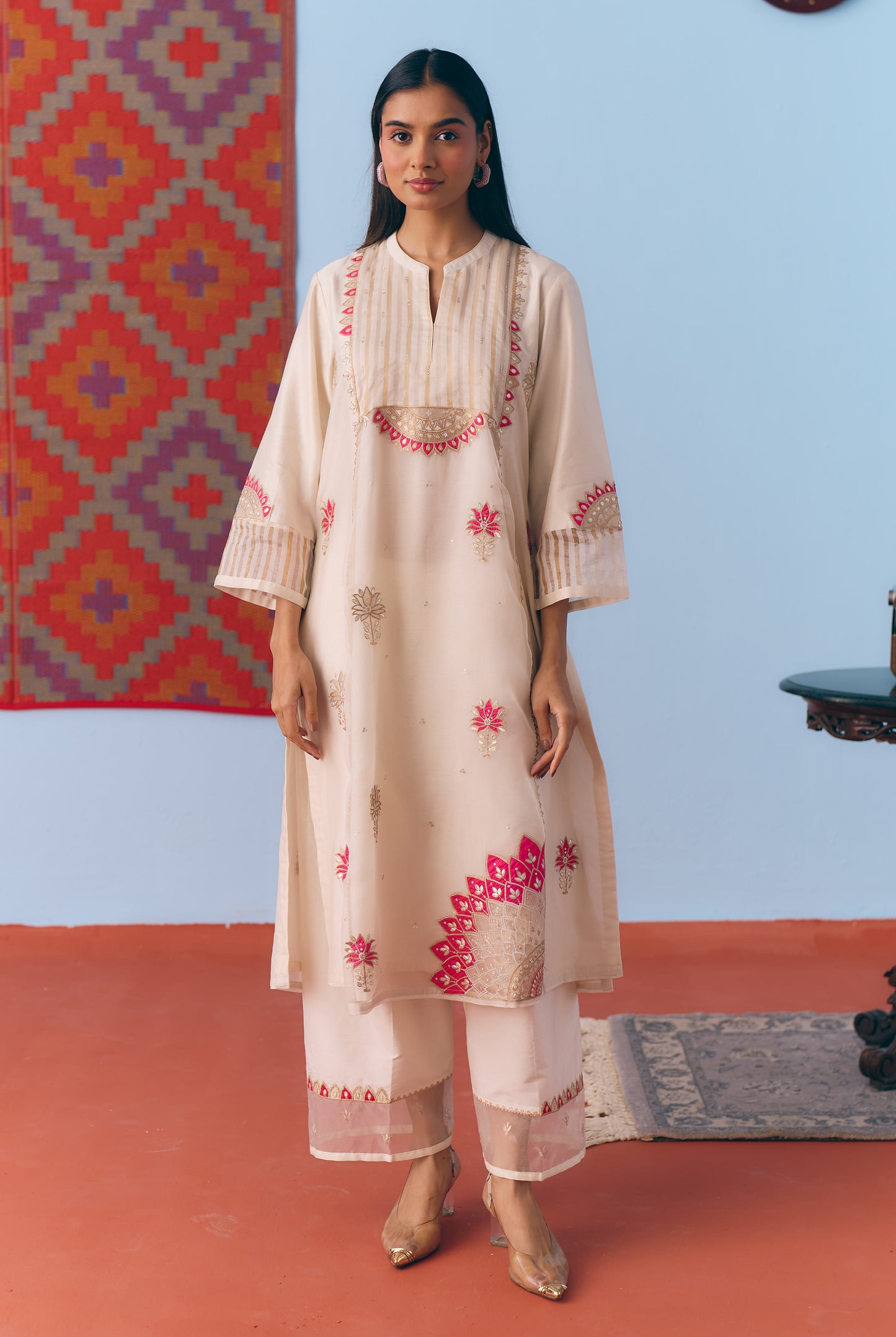 White Silk Chanderi Kurta Set with Pink Appliqué & Gota Embroidery