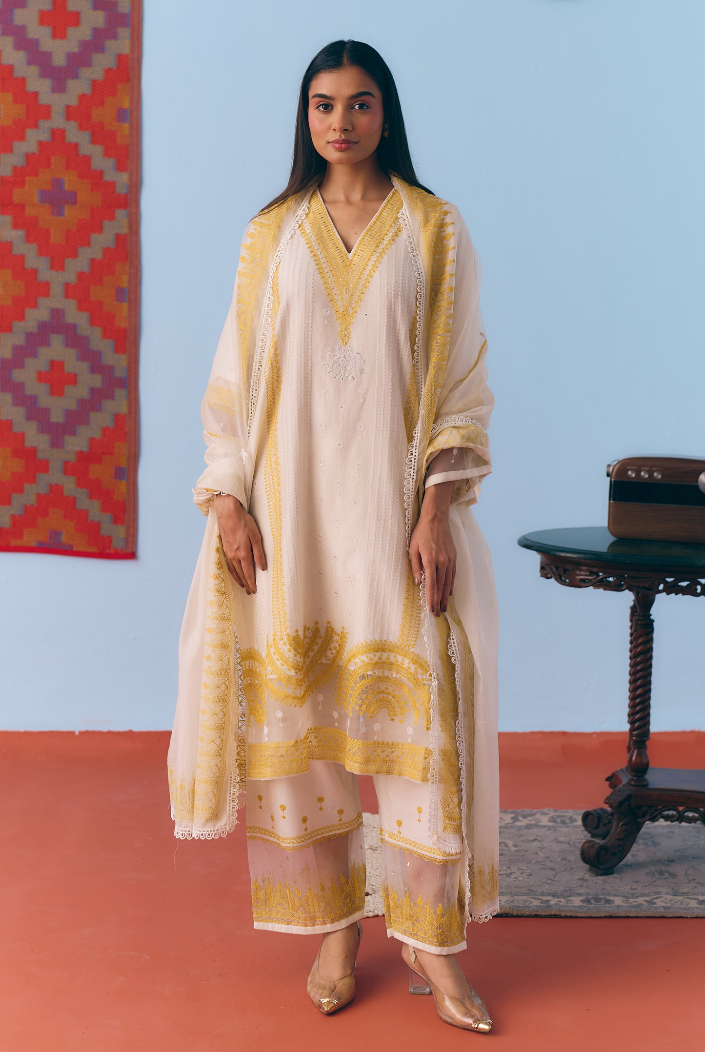 White & Lime Silk Chanderi Kurta Set with Thread Embroidery