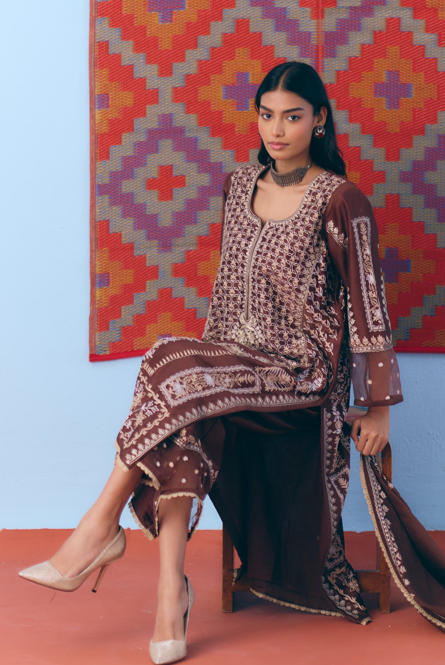 Brown Silk Chanderi Kurta Set with Single Thread & Zari Embroidery