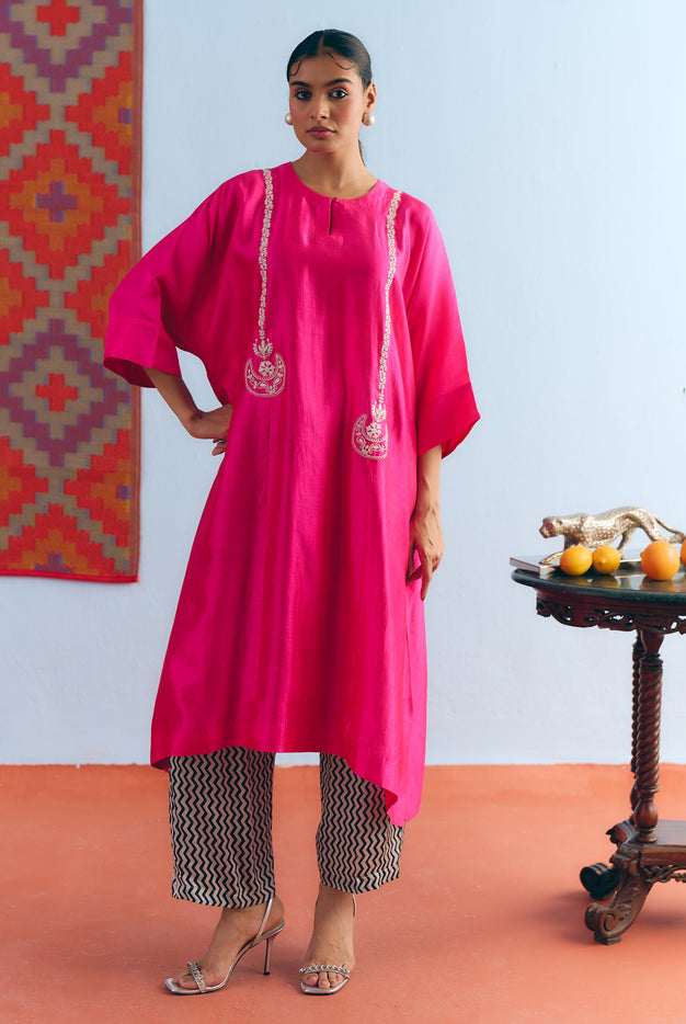 Hot Pink Chinya Silk Antifit Co-ord with Silver Zari Embroidery
