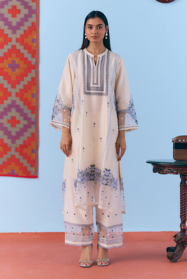 White Silk Chanderi Kurta Set with Blue Thread Embroidery