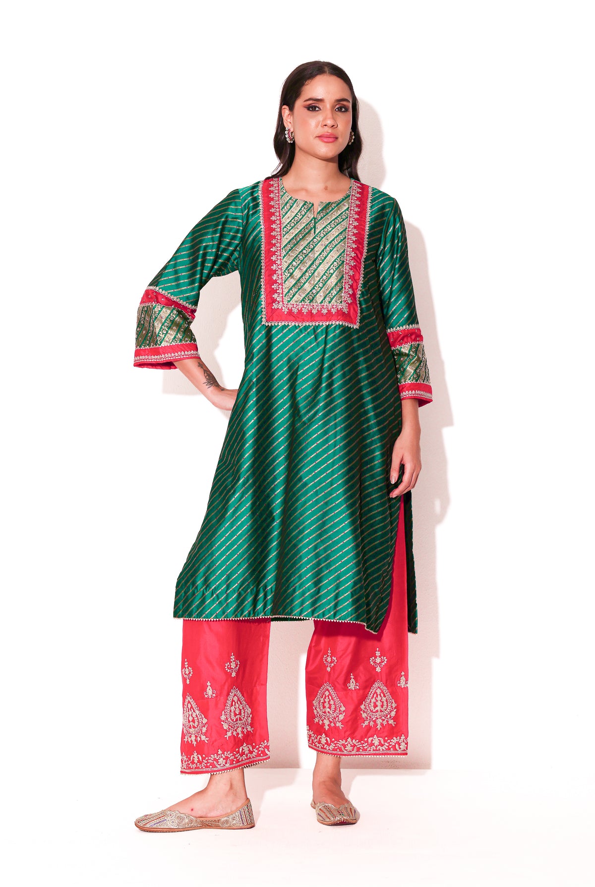 Emerald & Magenta Banarasi Silk Kurta Set