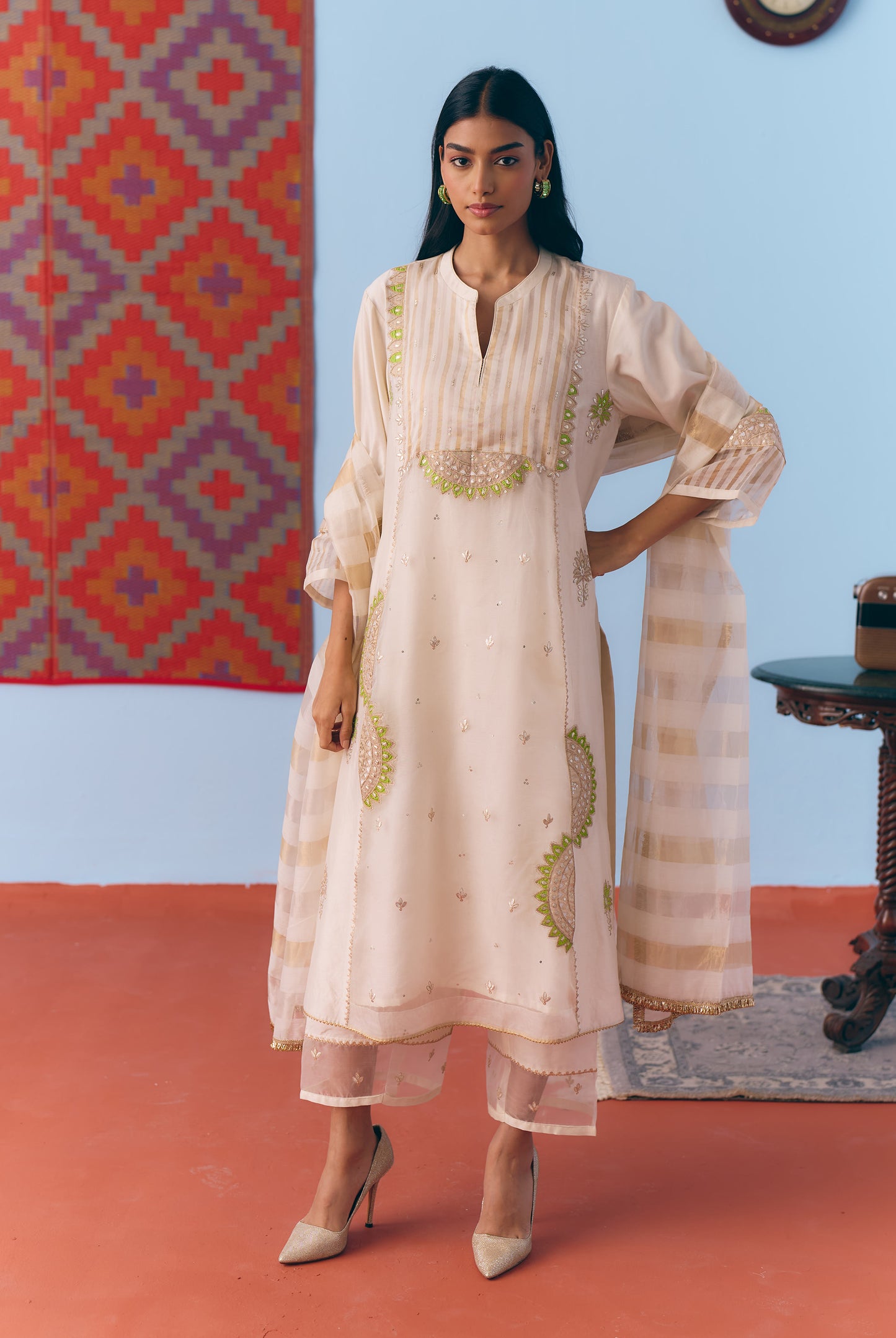White Silk Chanderi Kurta Set with Green Appliqué & Gota Embroidery