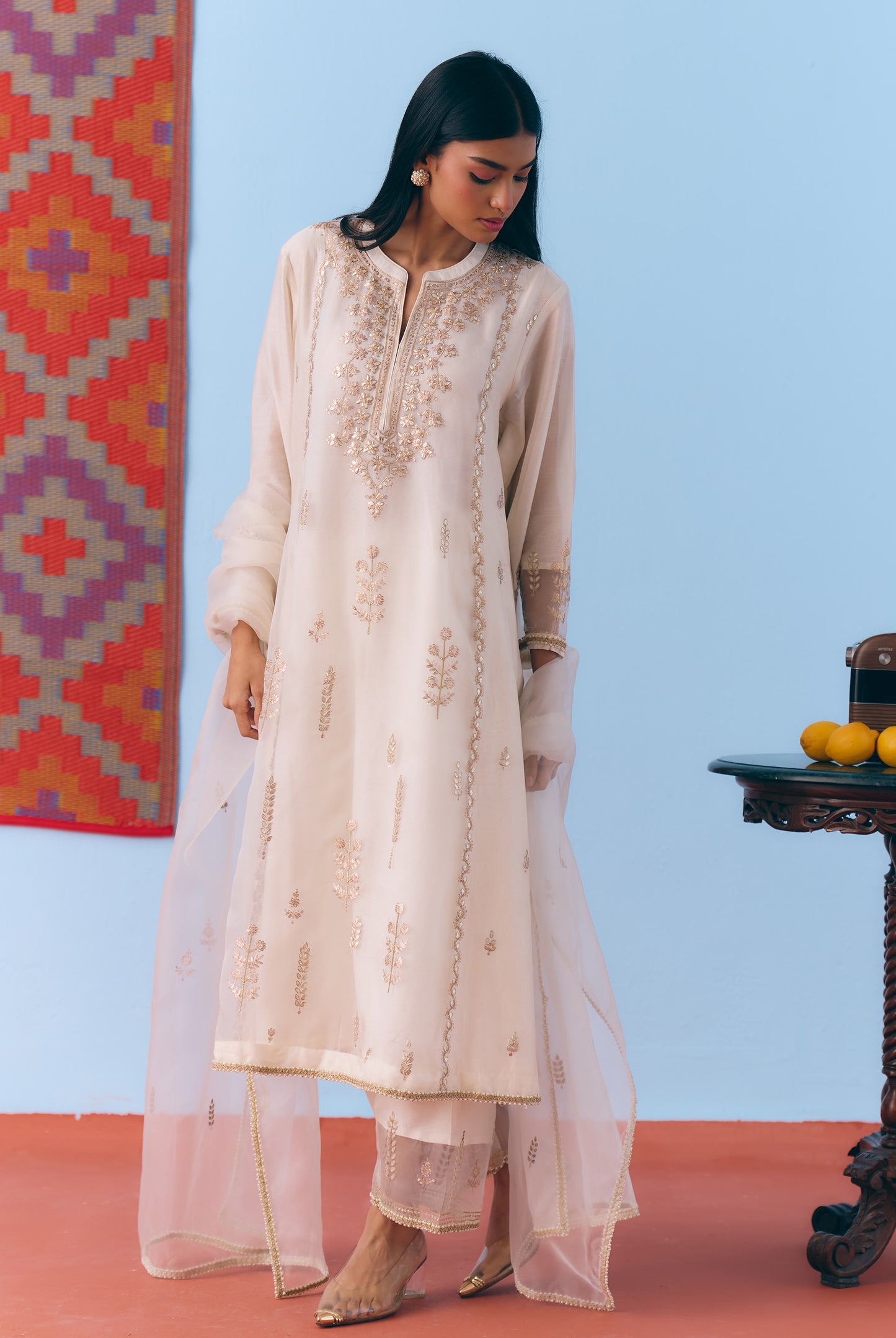 White Silk Chanderi Kurta Set with Gota, Dori & Zari Embroidery