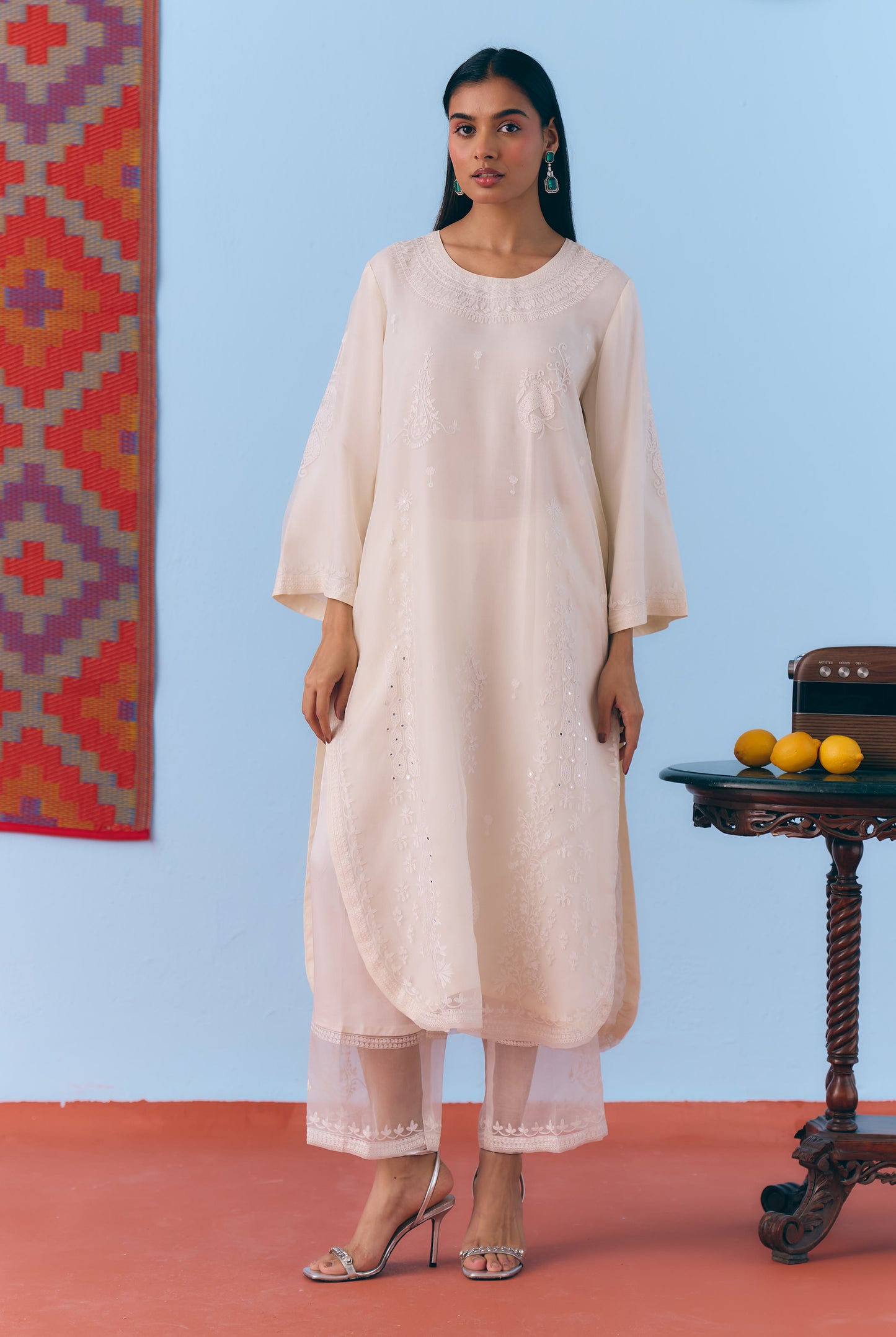 White Silk Organza Kurta Set with Thread Embroidery