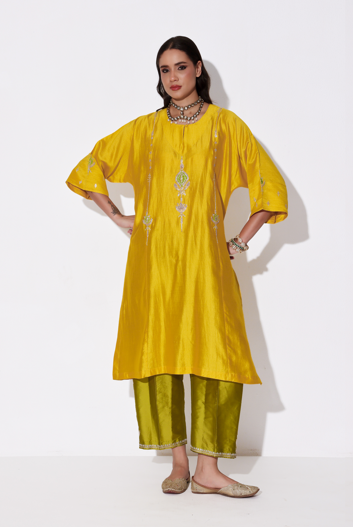 Yellow & Parrot Green Chiniya Silk Antifit Kurta Set