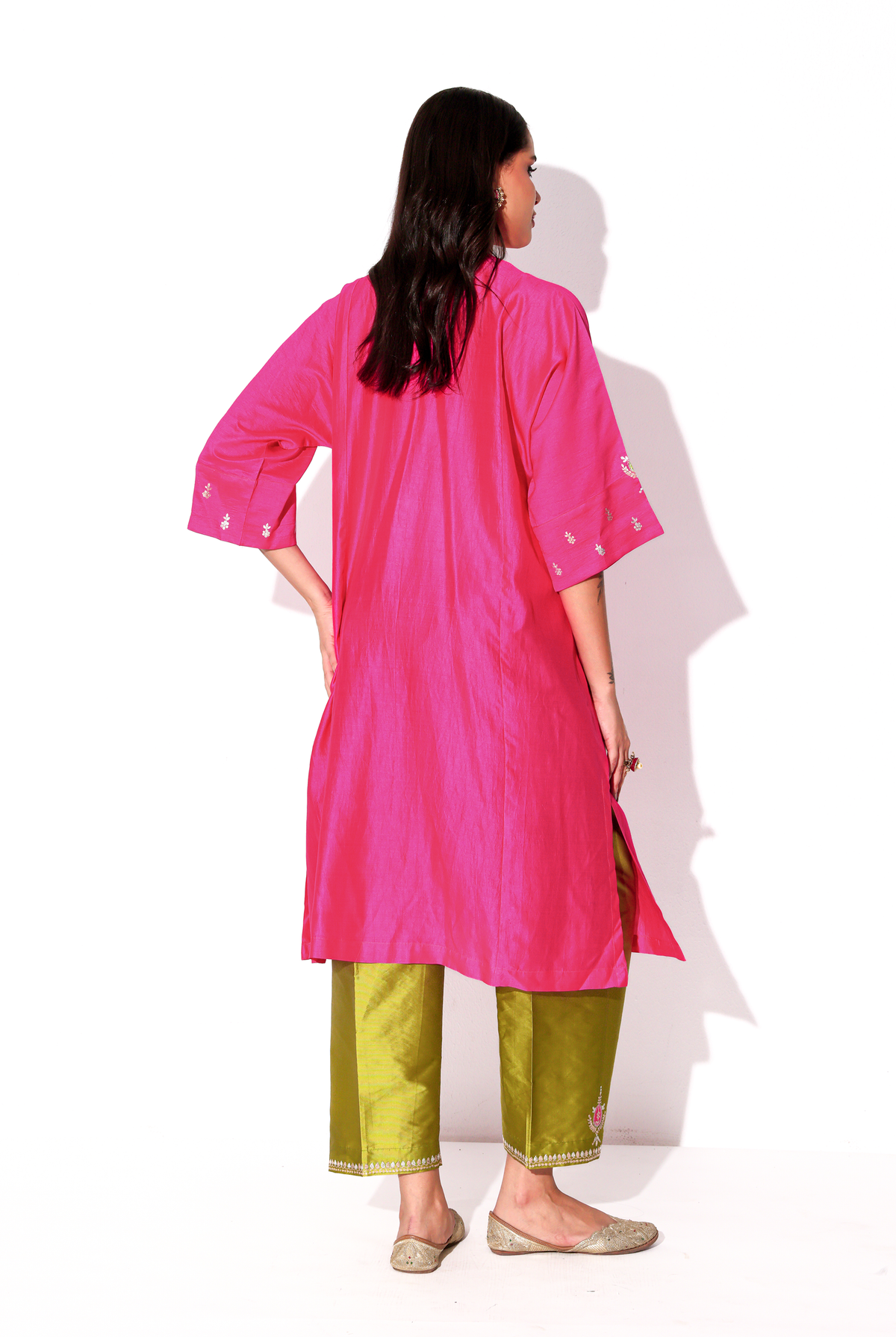 Fuchsia & Parrot Green Chiniya Silk Antifit Kurta Set
