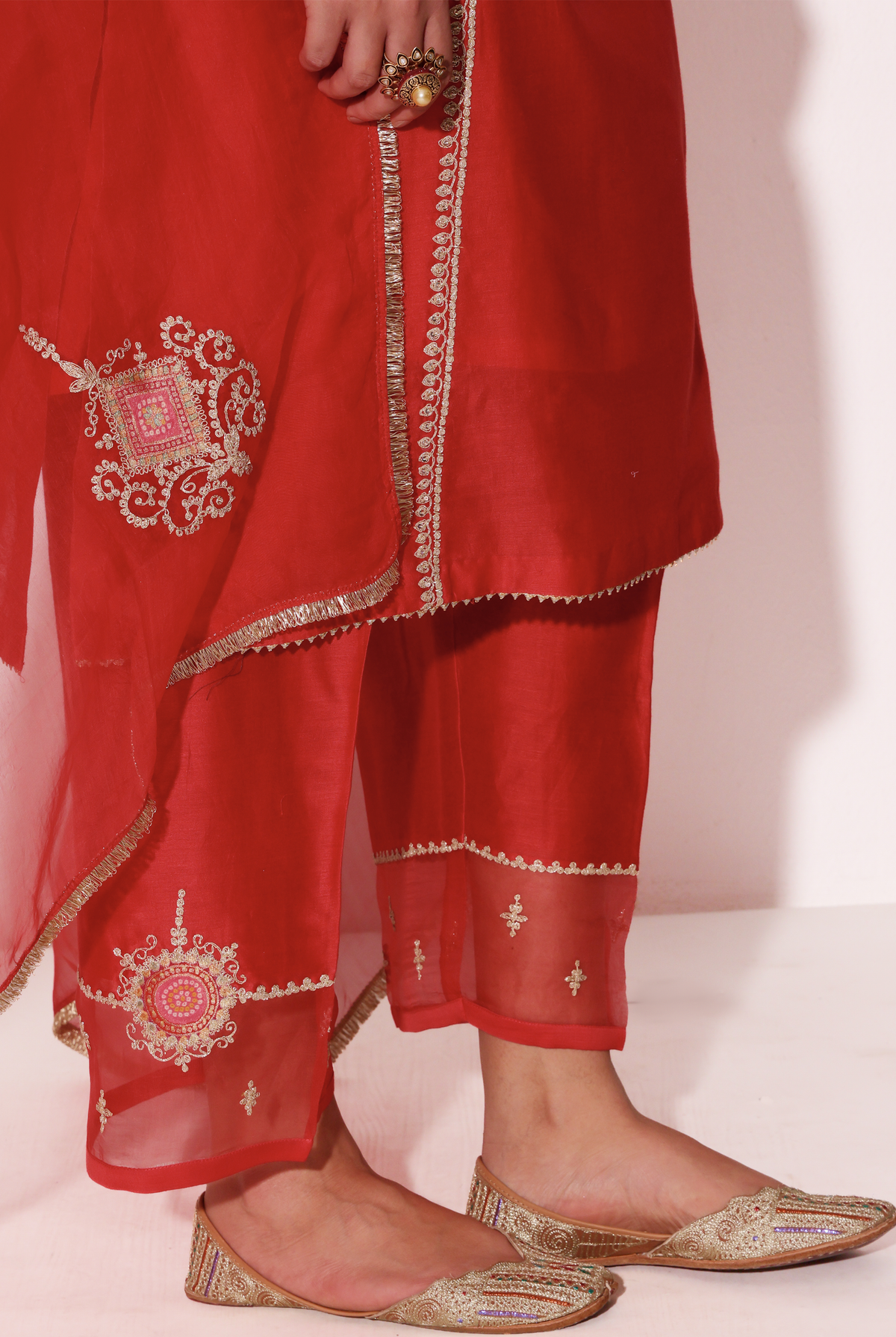 Red Silk Chanderi Kurta Set with Dabka & Dori Embroidery