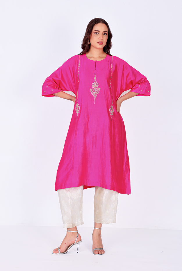 Fuchsia Chiniya Silk Antifit Kurta Set with Dabka & Dori Embroidery