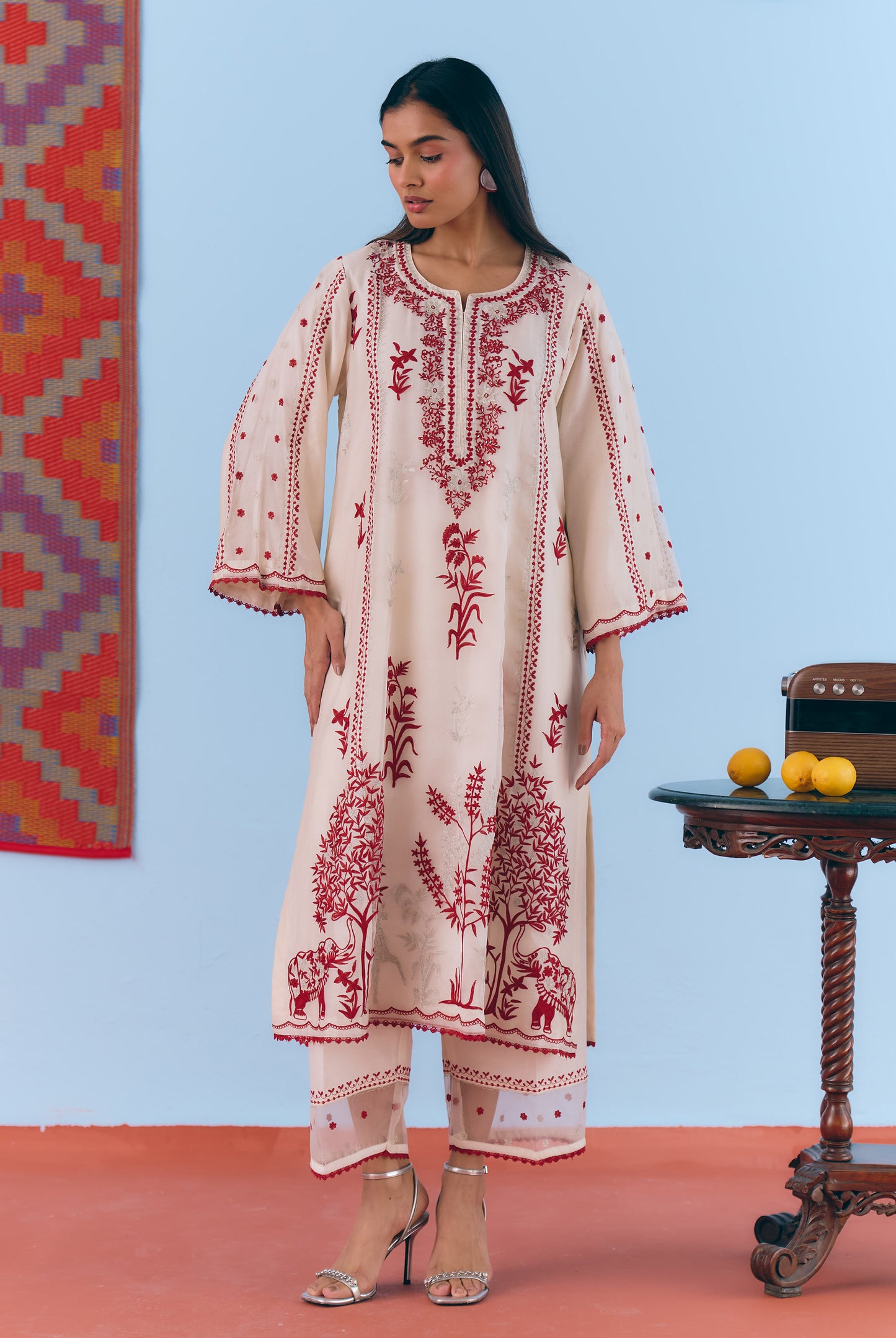 White Silk Chanderi Kurta Set with Deep Red & Silver Zari Embroidery