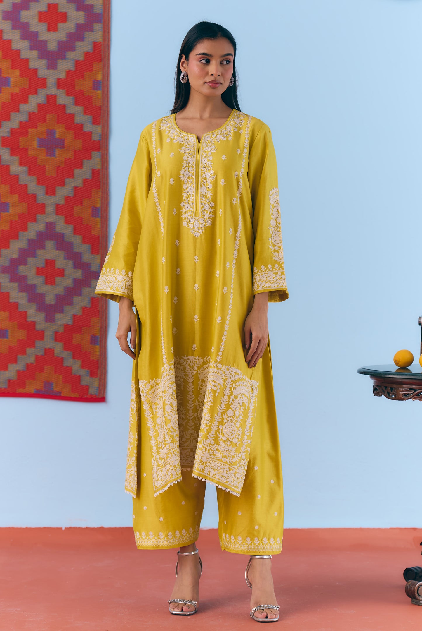 Yellow Silk Chanderi Kurta Set with White Thread & Pita Embroidery