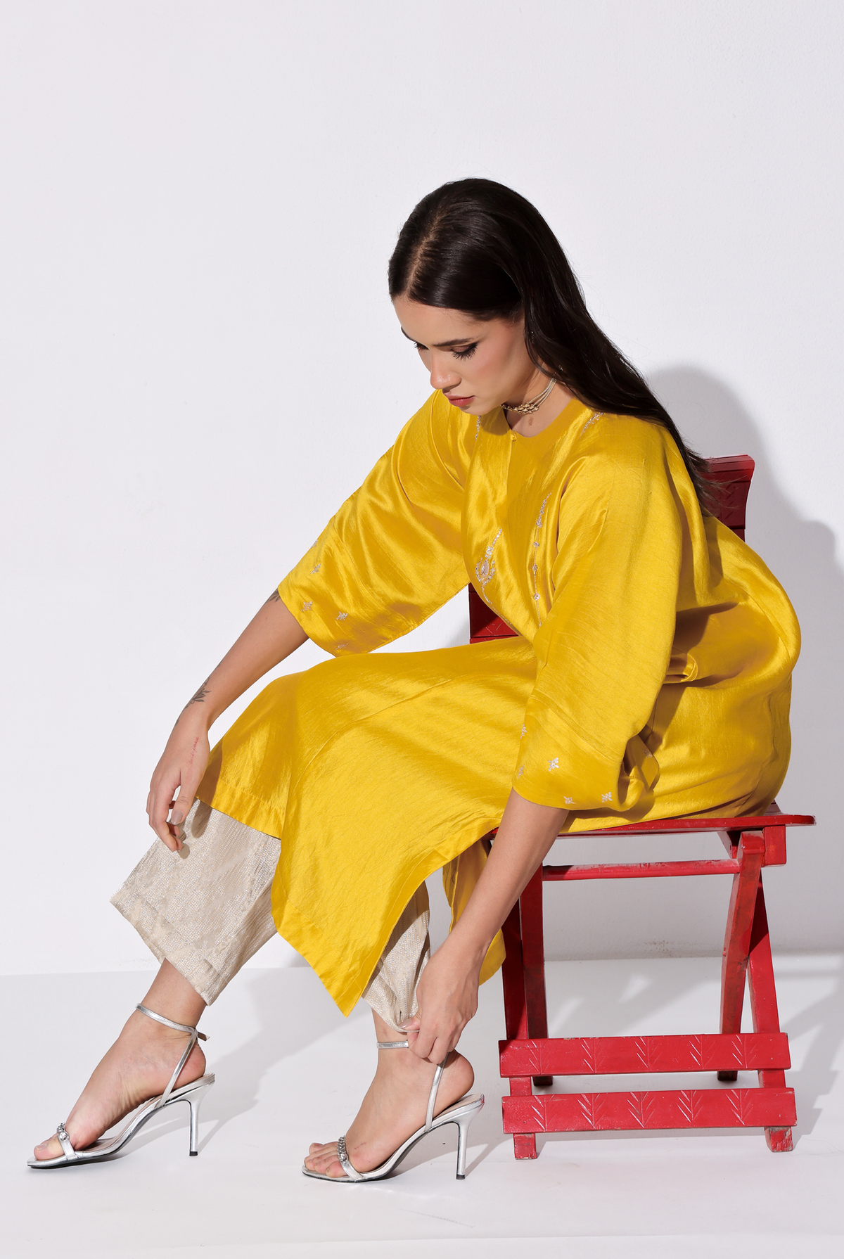 Yellow Chiniya Silk Antifit Kurta Set with Dabka & Dori Embroidery