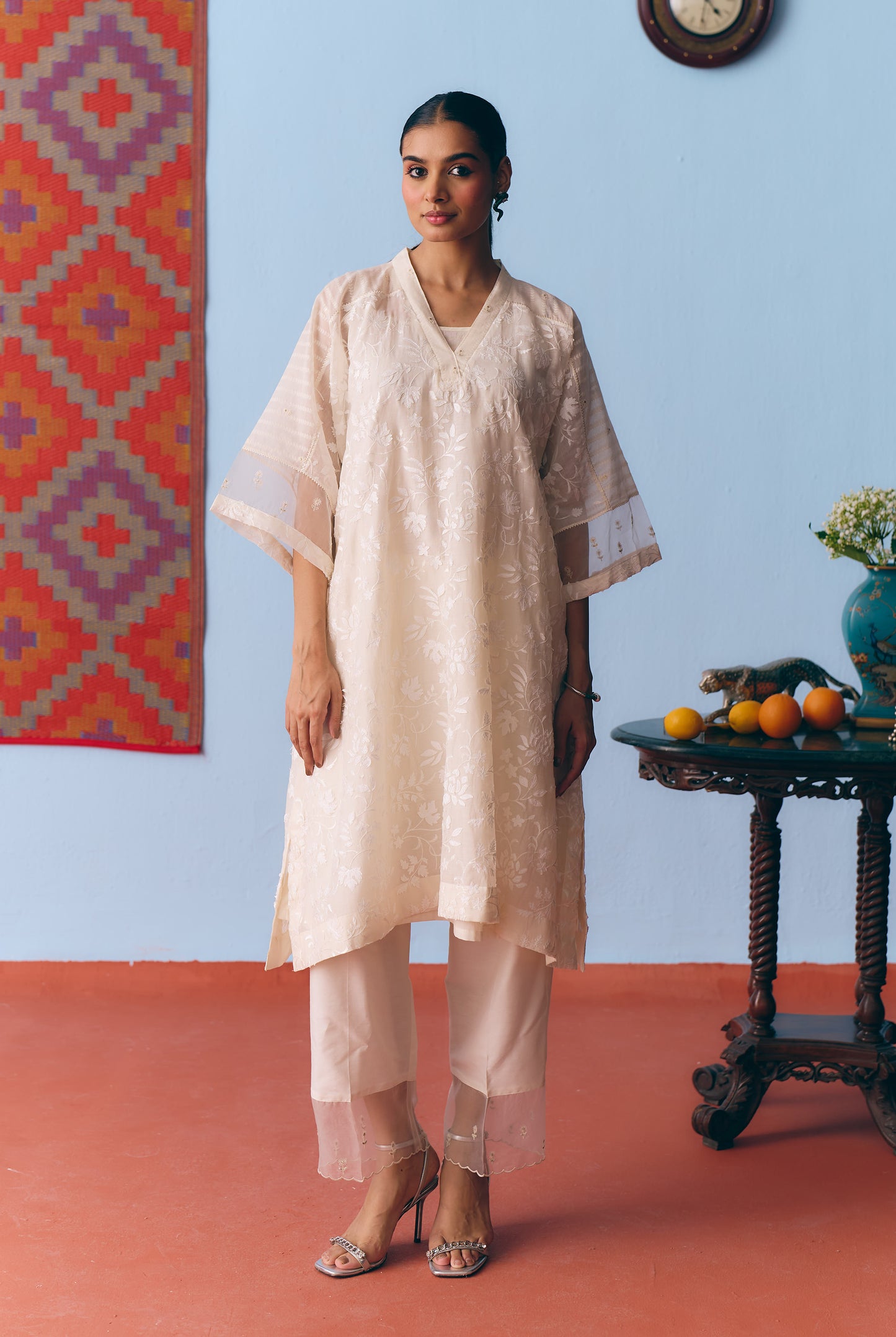 White Chanderi Antifit Co-ord with Laser Appliqué & Thread Embroidery