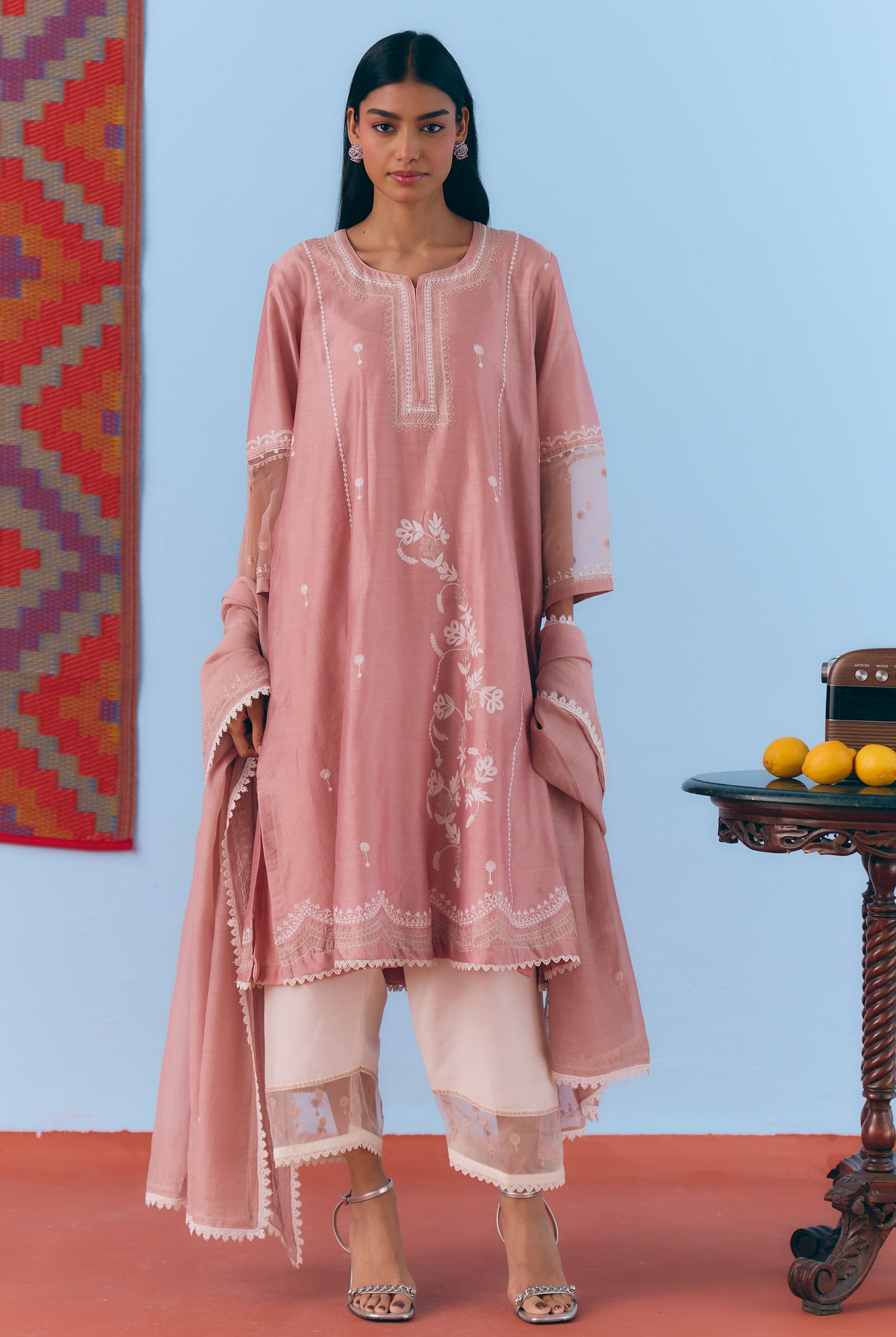 Dusky Pink Silk Chanderi Kurta Set with White Thread & Zari Embroidery
