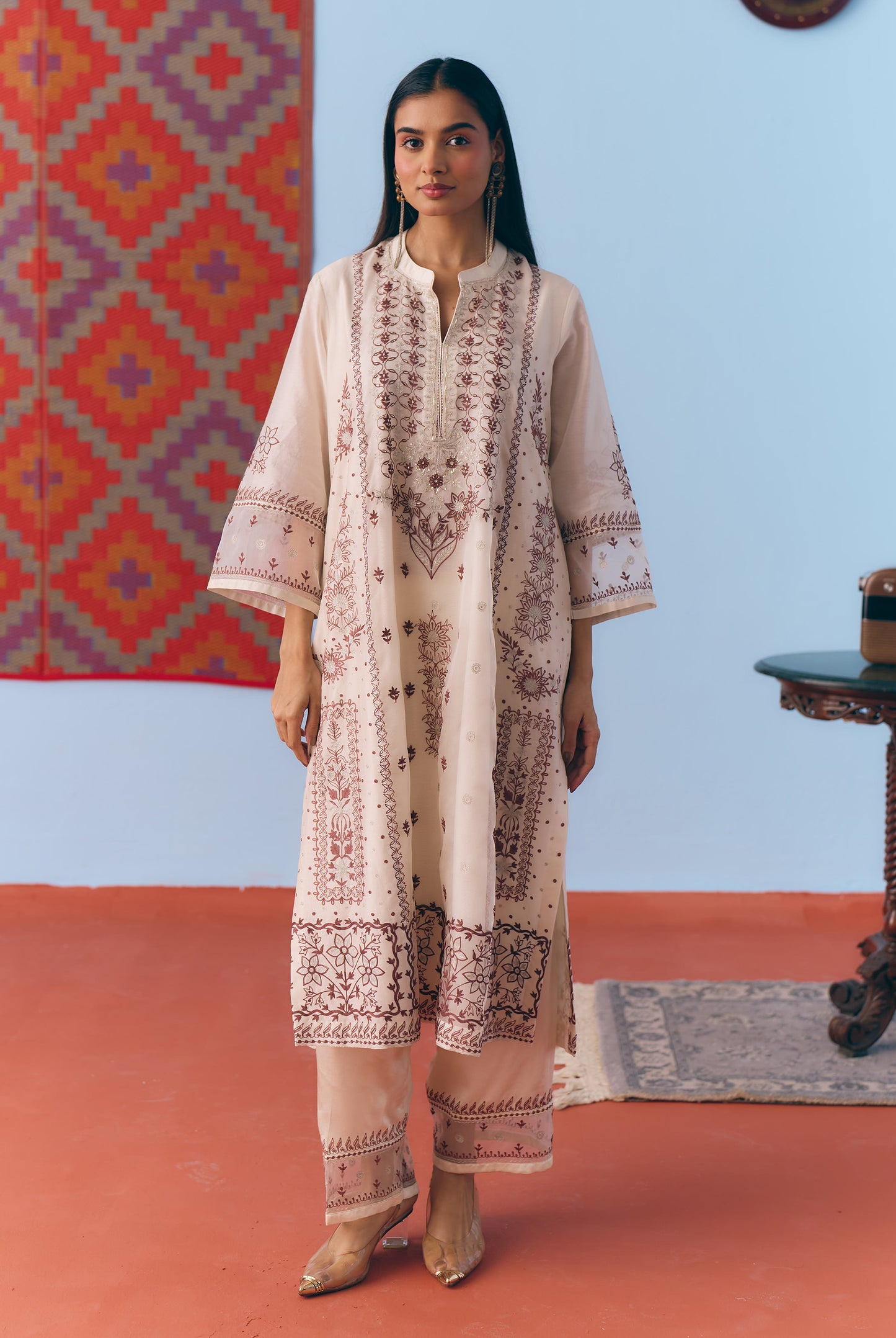 White Silk Chanderi Kurta Set with Brown Single Thread & Silver Zari Embroidery
