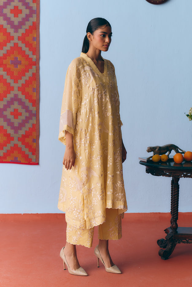 Lime Yellow Chanderi Antifit Co-ord with White Thread & Gota Embroidery