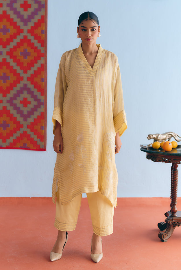 Lime Handwoven Linen & Tissue Antifit Co-ord with Zari Patchwork