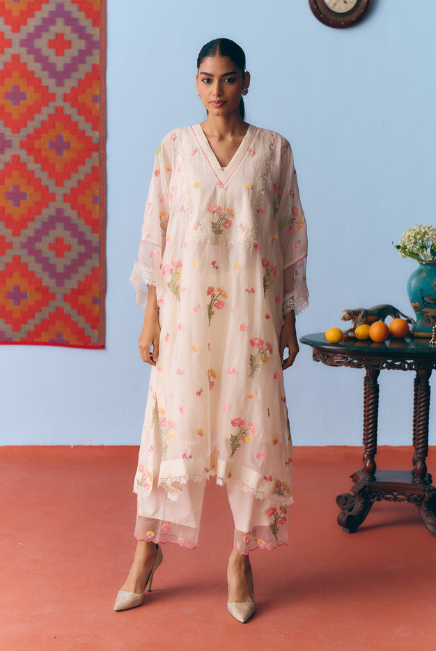 White Chanderi Antifit Co-ord with Thread, Lace & Bead Embroidery