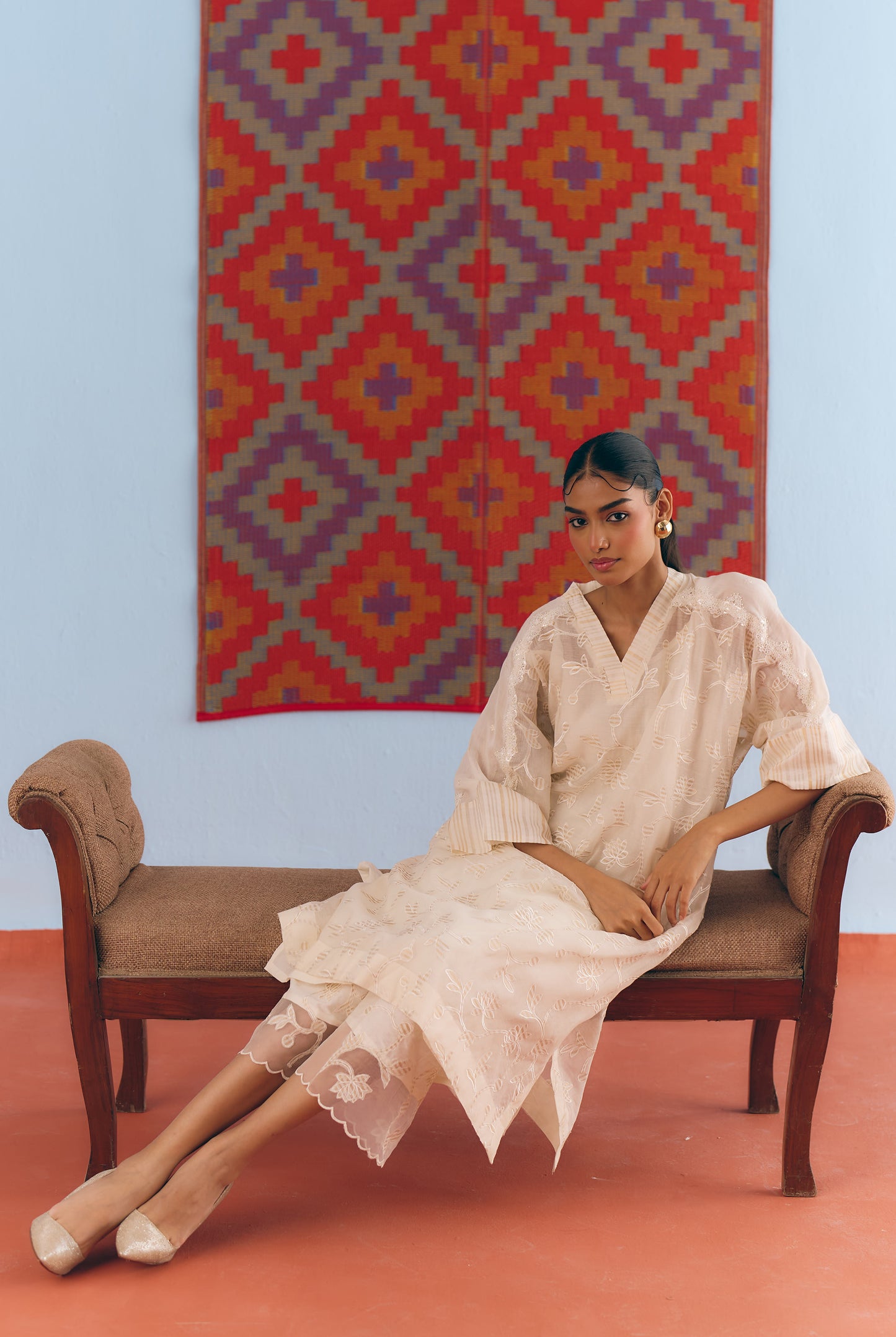 White Chanderi Antifit Co-ord with Dull Gold Tissue Appliqué