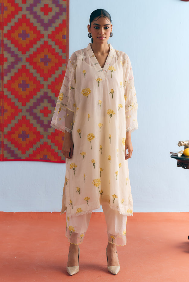 White Chanderi Antifit Co-ord with Yellow Cross Stitch Embroidery